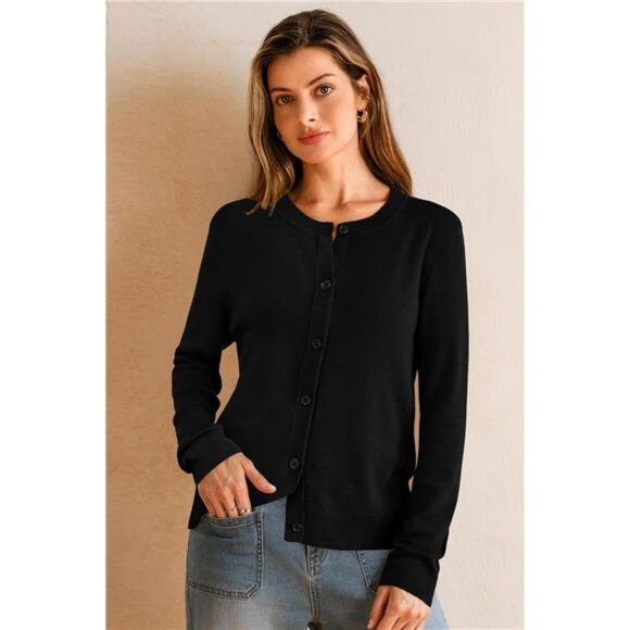 Women's Wool Blended Cardigan Sweaters Lightweight Black - Picture 4 of 6